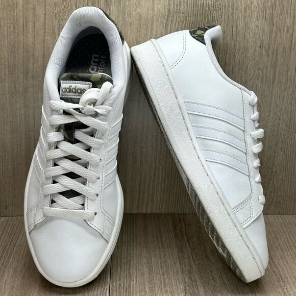 Adidas Shoes Mens Sz 7 Grand Court Tennis Cloudfoam Leather White Camo H04549 - Picture 7 of 12